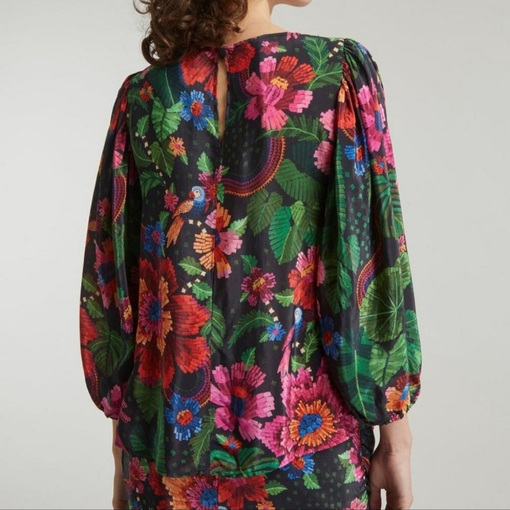 EUC Farm Rio Blooming Garden Blouse Black Floral size S - Picture 2 of 8